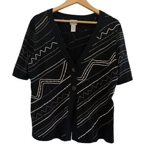 Chicos Zig Zag Print Short Sleeve Button Cardigan Womens Size 2 Black Boho Chic
